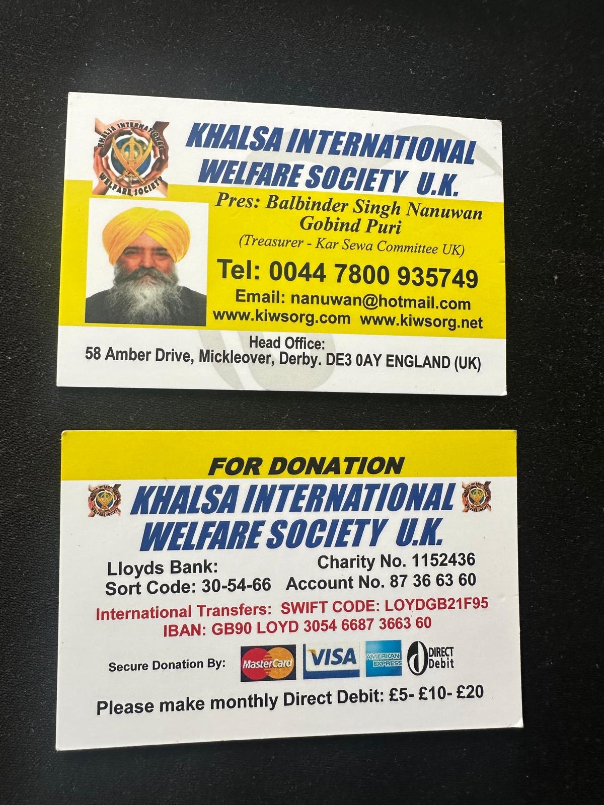 Khalsa International Welfare Society UK donation and contact card with bank details